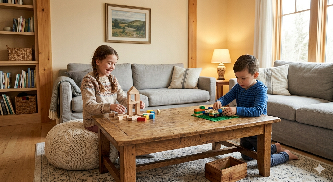 Two children playing together in a warm living room